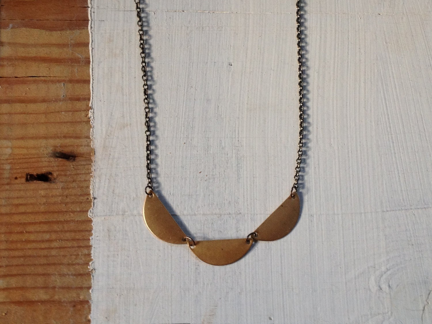 Golden Scallop Necklace Tribal semi circles geometric Rustic Golden Brass and Antiqued brass Chain Adjustable