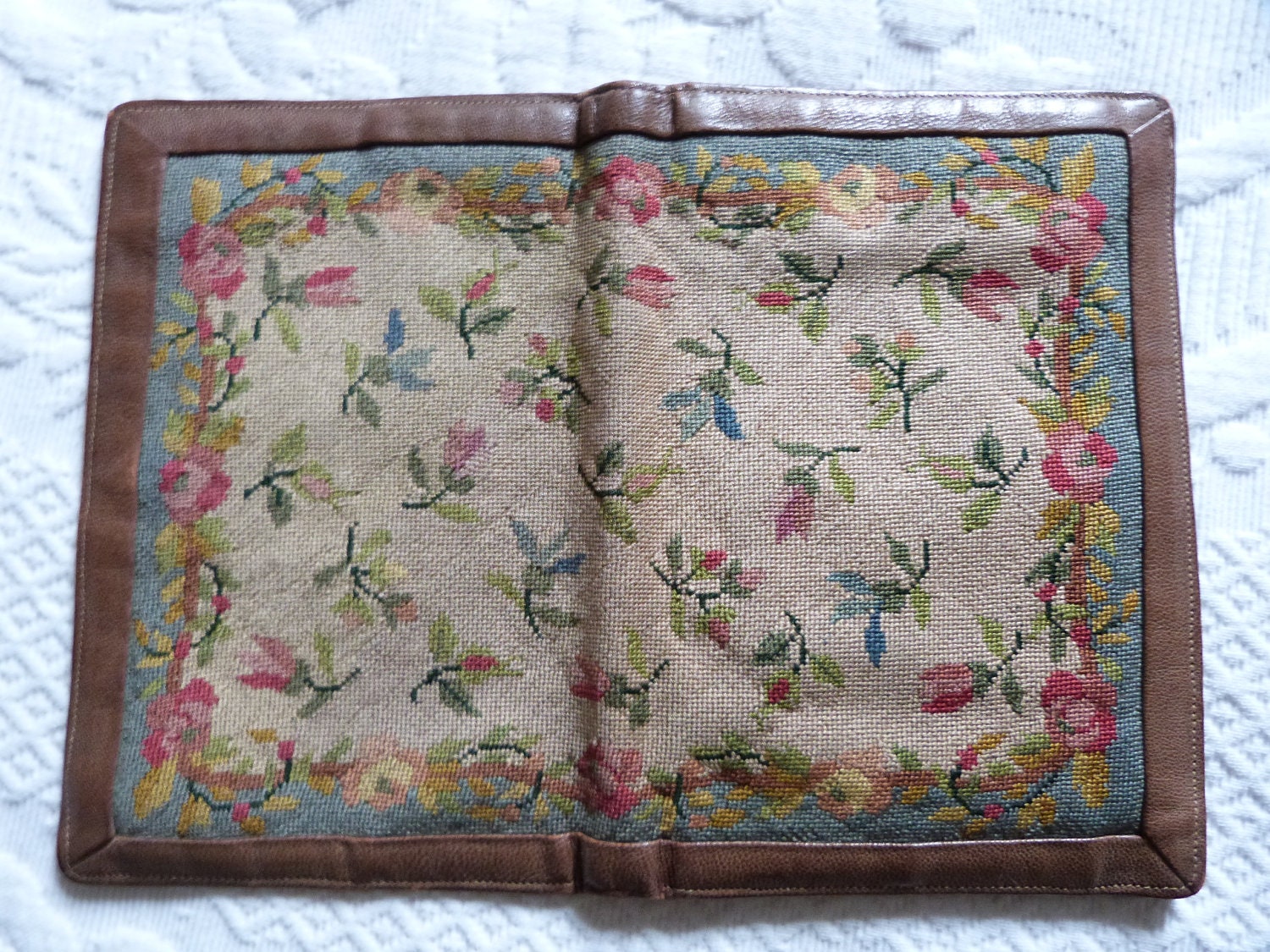 Vintage French tapestry clutch w leather purse wallet bag handbag handmade w roses, fashion made in France