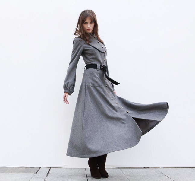 Grey Cashmere Coat Long Sleeve Wool Jacket Big Sweep Maxi Wool Winter Coat Long Dress Coat for Women /Fast Shipping- NC416