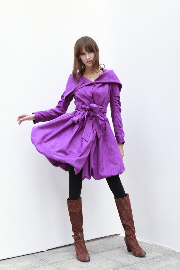 Purple Hooded Jacket Fluffy Artificial Suede Leather Hoodie Spring Autumn Coat long sleeves Trench coat custom Women Tunic - NC435