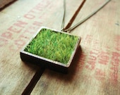 Wood and Grass Necklace, Faux Grass in Square Genuine Wood Bezel on Brass Chain - aptoArt