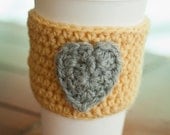 Crochet Coffee Cozy - Yellow with Gray Heart