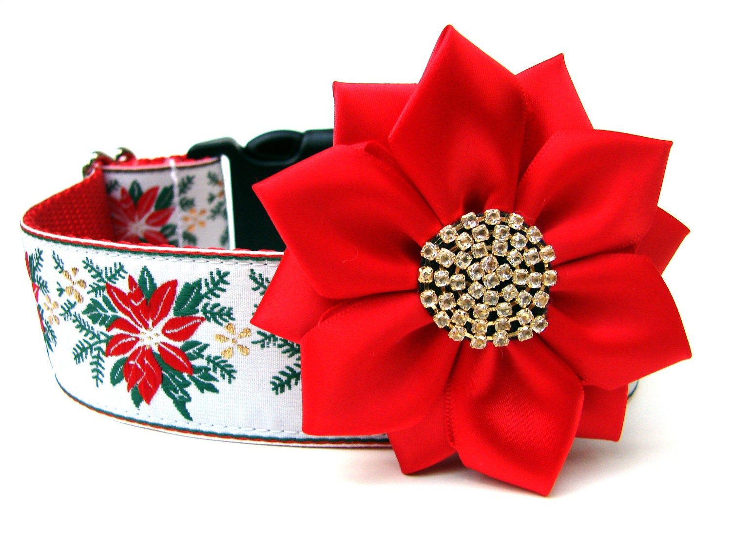 Christmas Dog Collar 1.5" Poinsettia Red Dog Collar