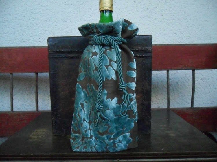 Wine Bag Sack Aqua Cut Velvet Gift Bag