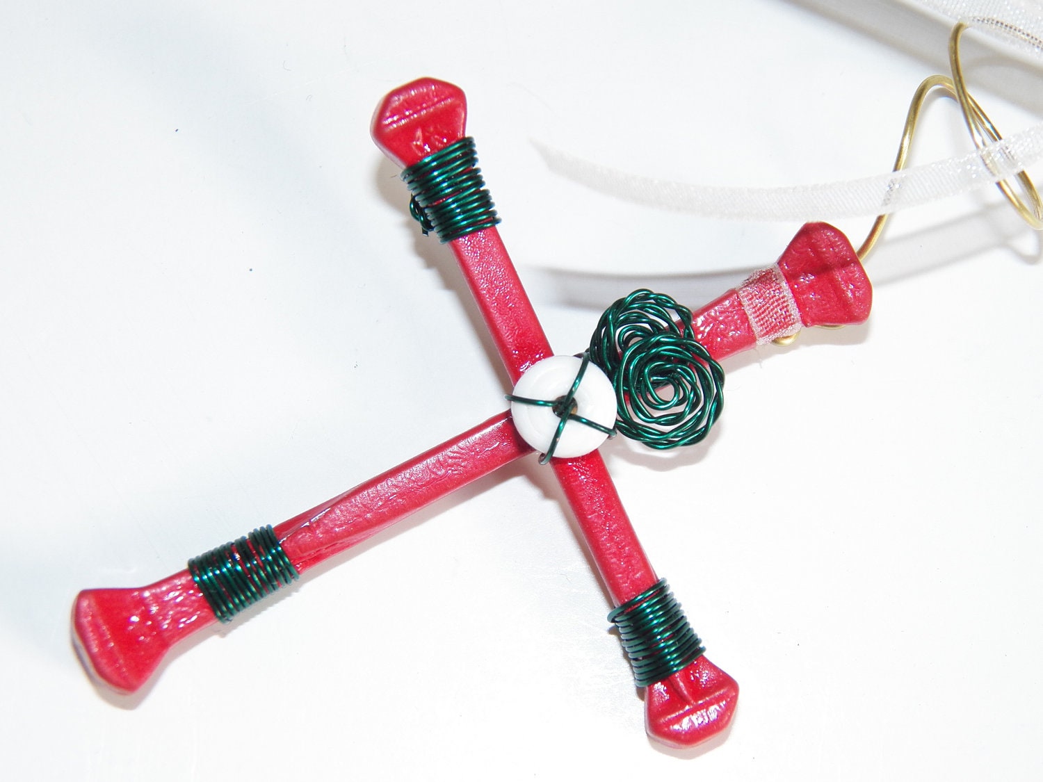 Cross Christmas Ornament Wall Hanging Home Decor Red Wire Wrapped Horseshoe Nail Cross Green Puka Shell Handmade Montana USA Free Shipping