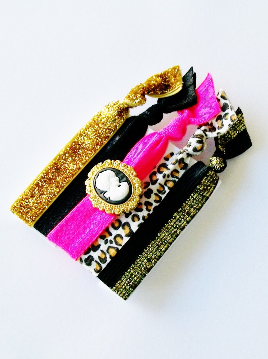 5 Hair Ties, Cameo Bling Set by Lucky Girl