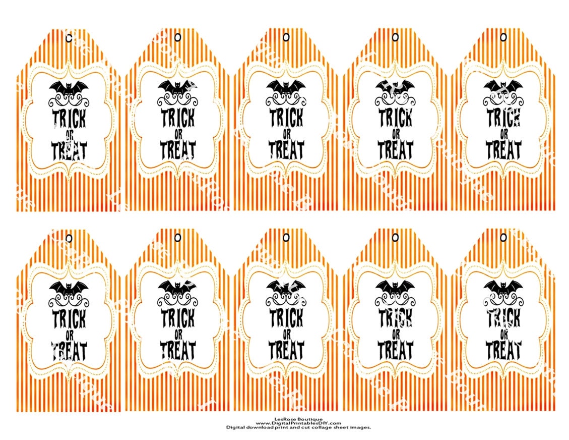 Halloween Tags Trick or Treat Spooky Bats on Orange Stripes for Your Treat Bags or Halloween Party Decor. Digital Download Sheet No.426