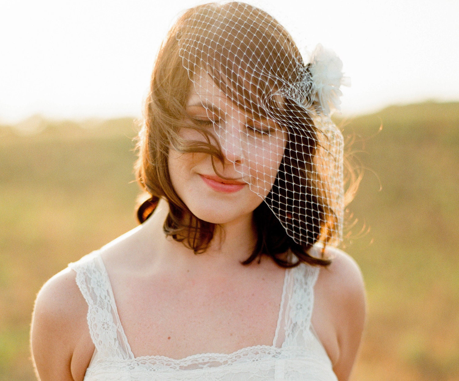 Two-Piece White Birdcage Veil - Vintage style bridal veil - Removable with flower - White netting