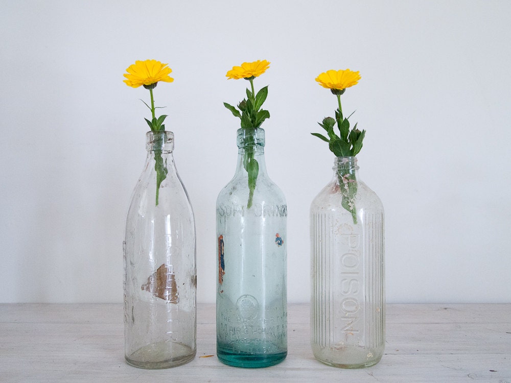 vintage clear bottles/vase trio