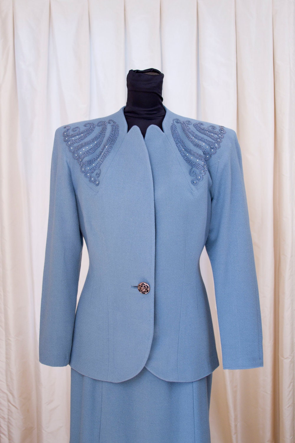 1940's Soutache Trimmed Blue Wool Suit