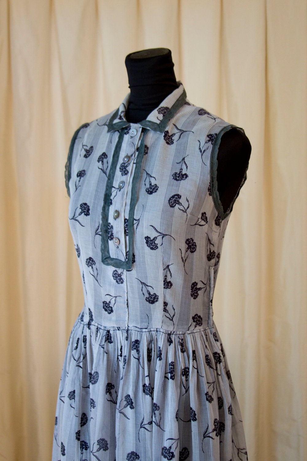 1950's Dress // Black Carnation Sleeveless Cotton Sheer Day Dress