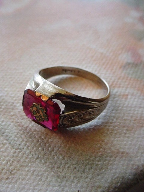 Vintage Sterling Deco Ring NOS Czech Ruby Gold Center Fraternity Class Ring 1930s Salesman Sample