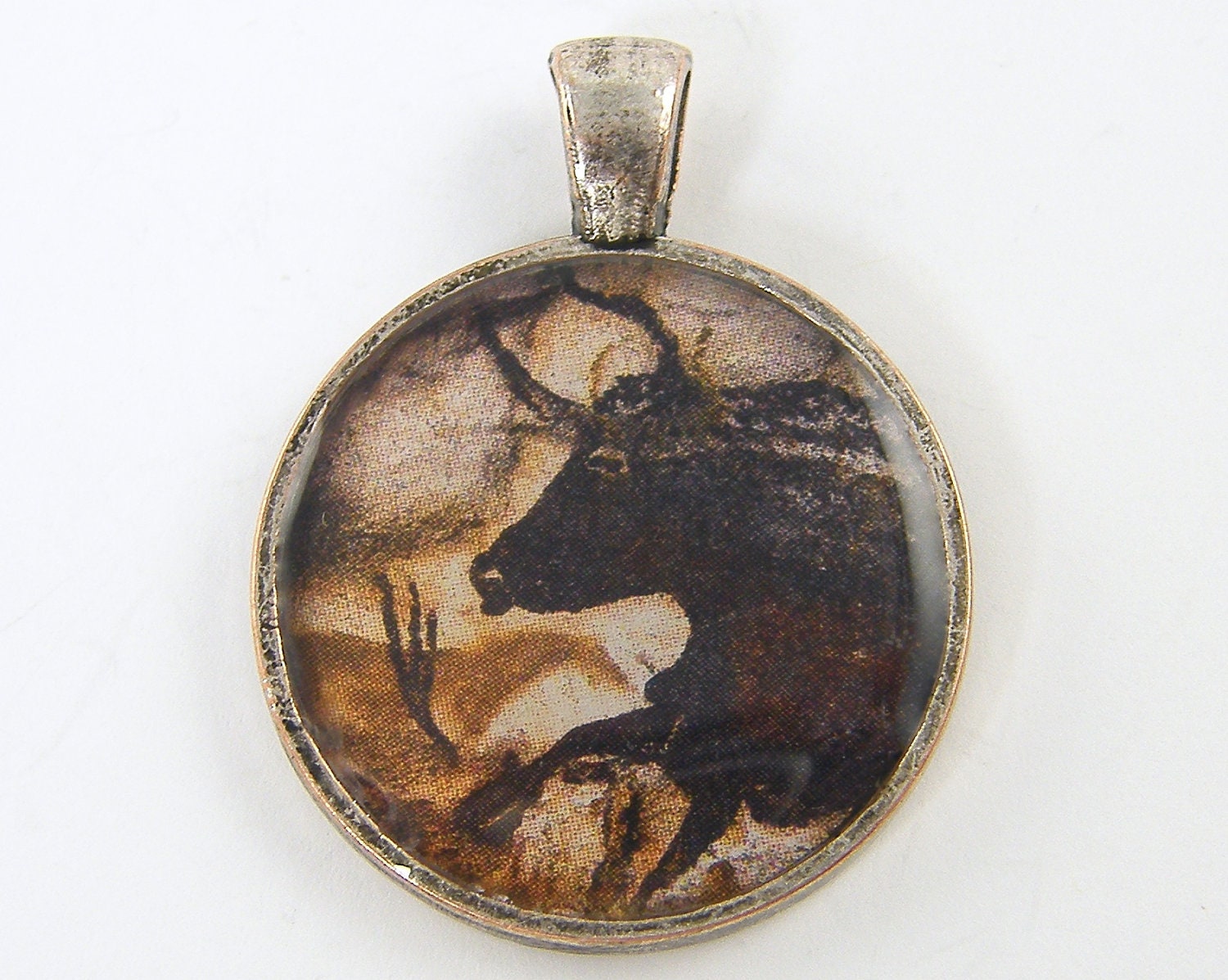 Buffalo Pendant - Bison Hieroglyphics Rustic Brown Tan Animal Cave Drawing Jewelry Charm