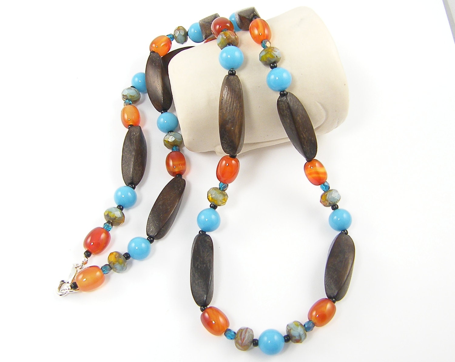 Wood Bead Necklace - Brown Turquoise Rust Long Beaded Necklace