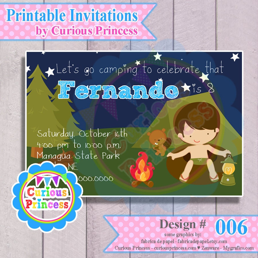 006 camping boy invitations or thank you cards 4x6 boys party camp tent night fire idea PRINTABLE DIGITAL file
