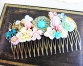Flower Hair Comb Pink Mint Green Bridal Head Piece Bridesmaids Hair Comb Pastel Colors Soft Romantic Wedding Hair Comb