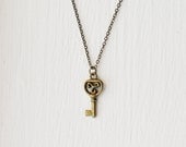 Small Bronze Key Necklace- Lock Your Heart Jewelry- Love