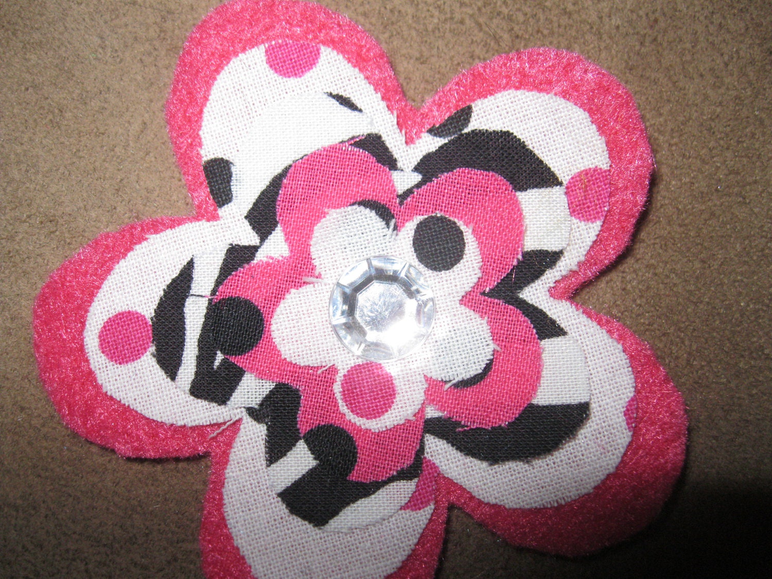 Felt and Fabric Flower Hair Clip in Hot Fuschia Pink, White and Black Zebra and Polka Dots with Rhinestone