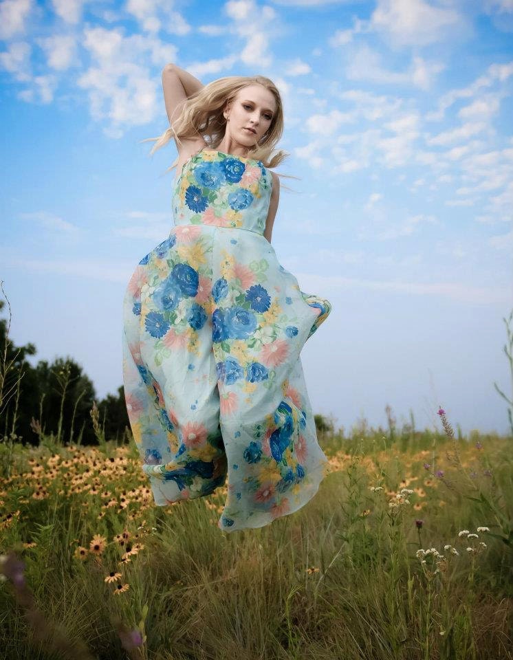1960's Blue Floral Chiffon Flower Child Jump Suit