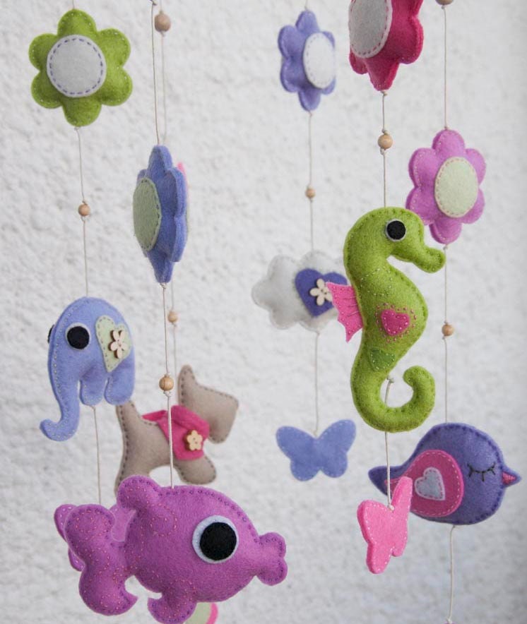 Felt animals baby mobile with flowers and butterflies for a girl - made to order