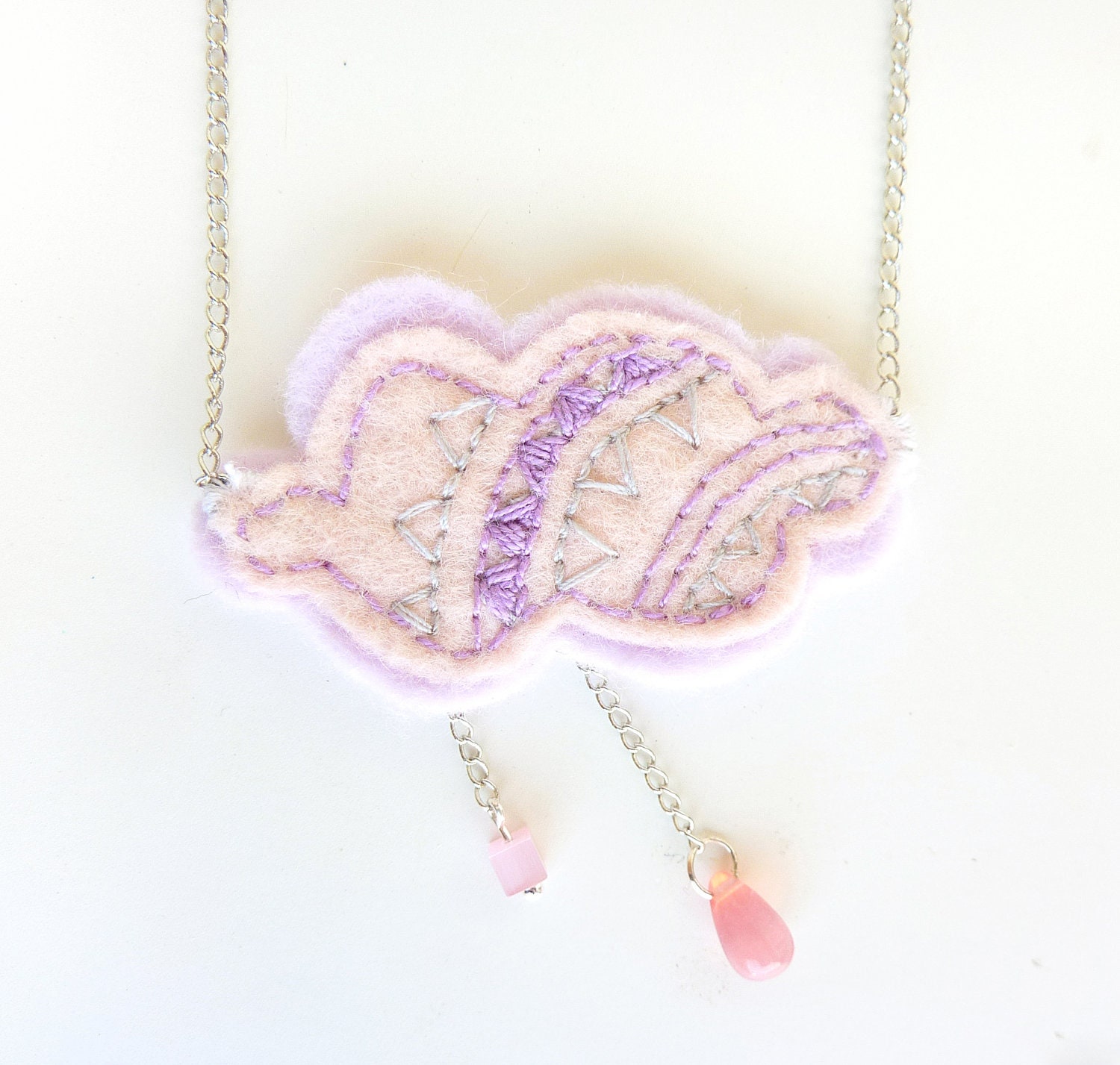 Reversible pastel cloud and raindrops bib necklace. Embroidered necklace