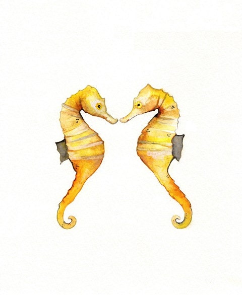 Seahorse Sunshine / watercolor print / yellow and gray/ gey and yellow / sea / ocean life /