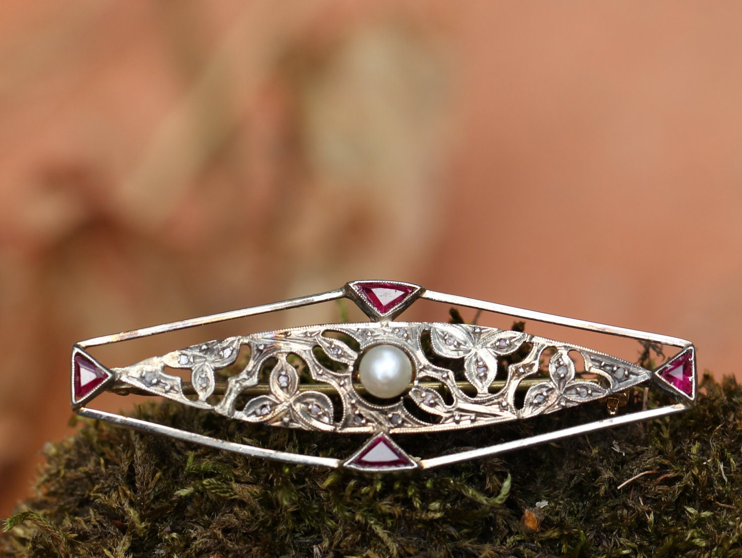 Art Deco 14k White Gold Brooch Natural Pearl Synthetic Rubis 1930 European Precious Modernist Jewelry Delicate