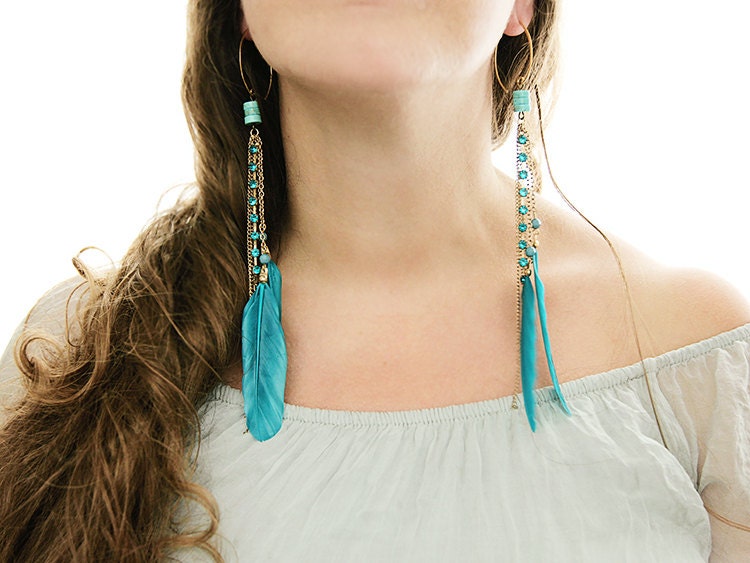 Turquoise Feather Earrings . Long Statement Earrings with Turquoise gemstones on Gold Vermeil earwires - VintageRoseShop