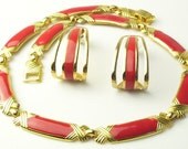 Vintage 1970's Red Enamel Gold Tone Panel Costume Jewelry Necklace & Earrings on Etsy