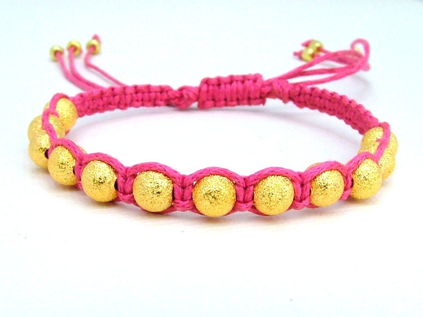 Beaded Stardust Adjustable Macrame Bracelet in Gold & Pink