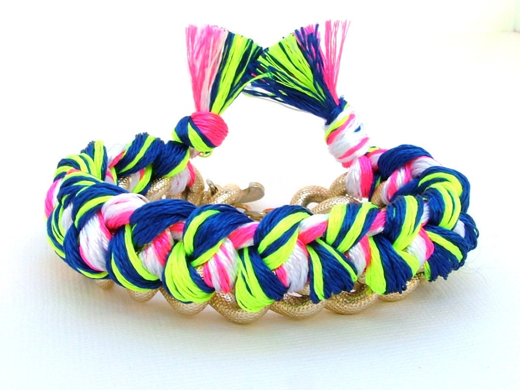 Neon Woven Chain Friendship Bracelet with Vintage Gold Tone Chain - OOAK