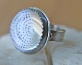 Large Sterling Silver Embossed Ring with Pencil Drawing Under Magnifying Dome