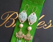 Chandelier earrings with crystals, pearls, filigree, and blue rose cabochons- "Rosa"