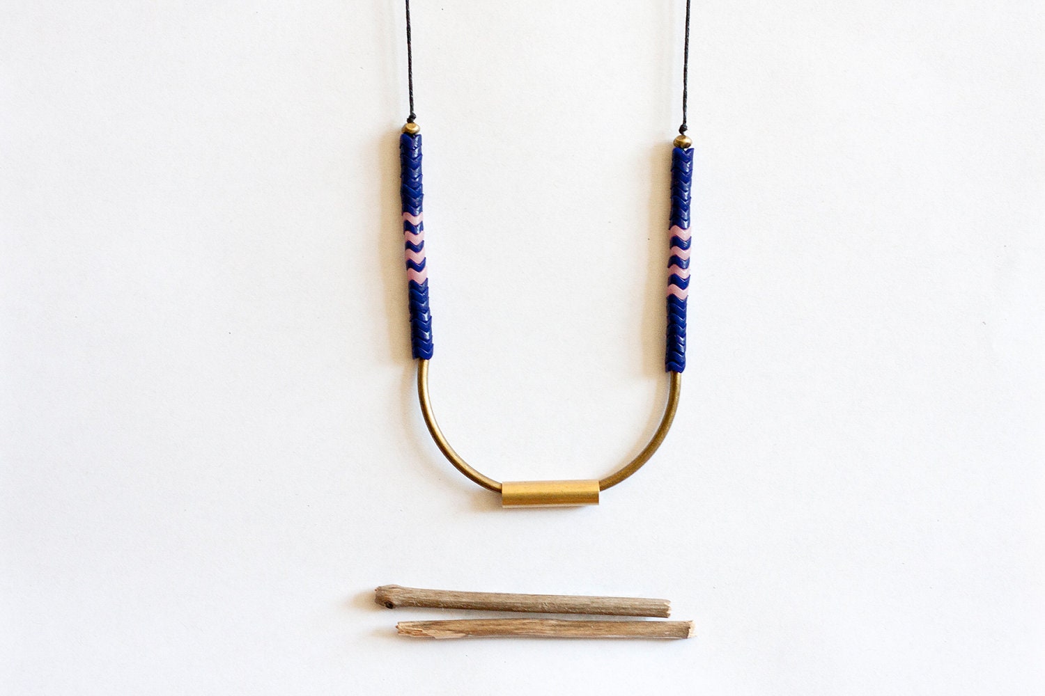 geometric, tribal, brass, czech beads and black rope, long, beaded necklace