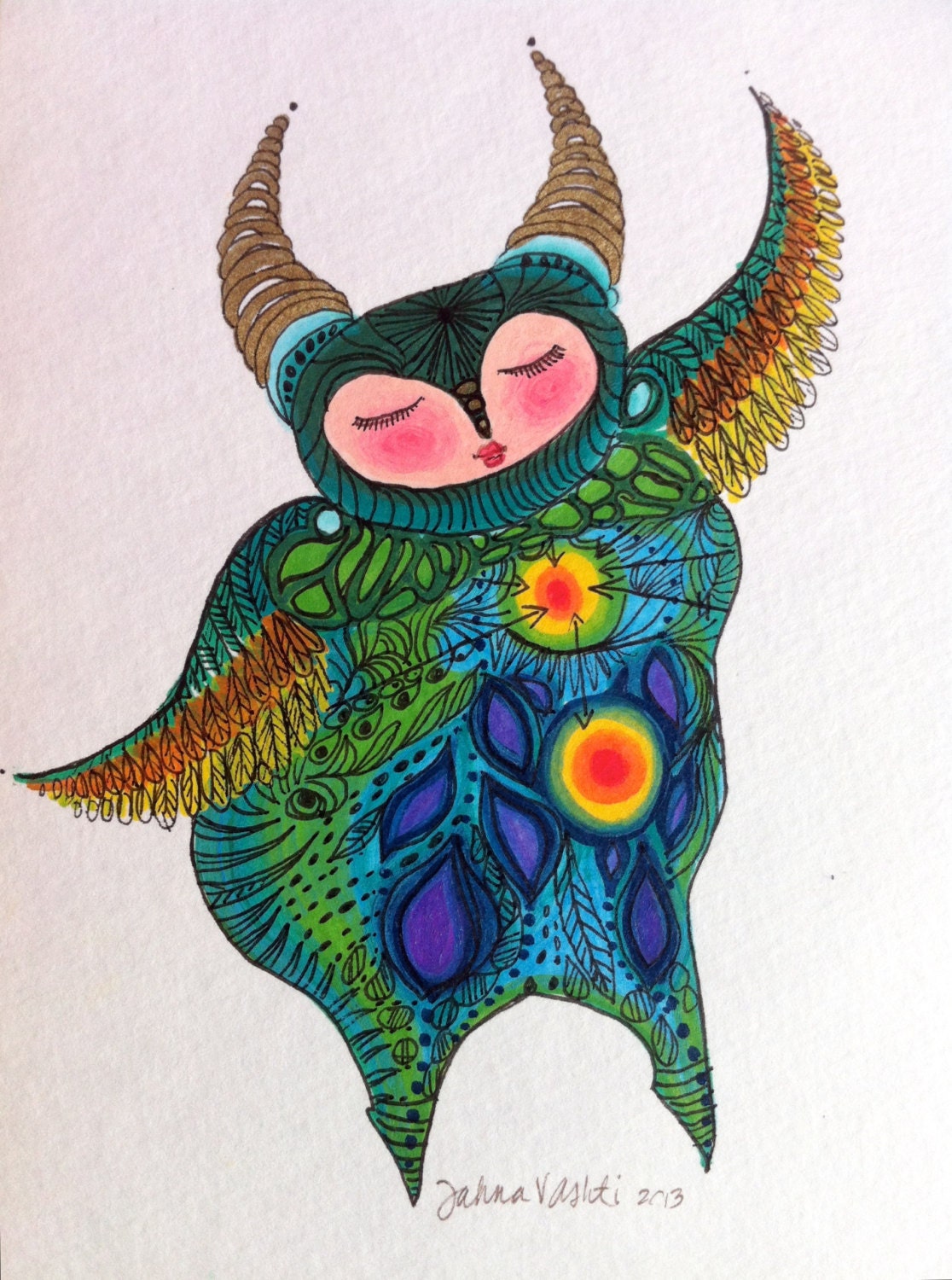Made to order original Illustration, small original art, whimsical, surreal, figurative, round lady