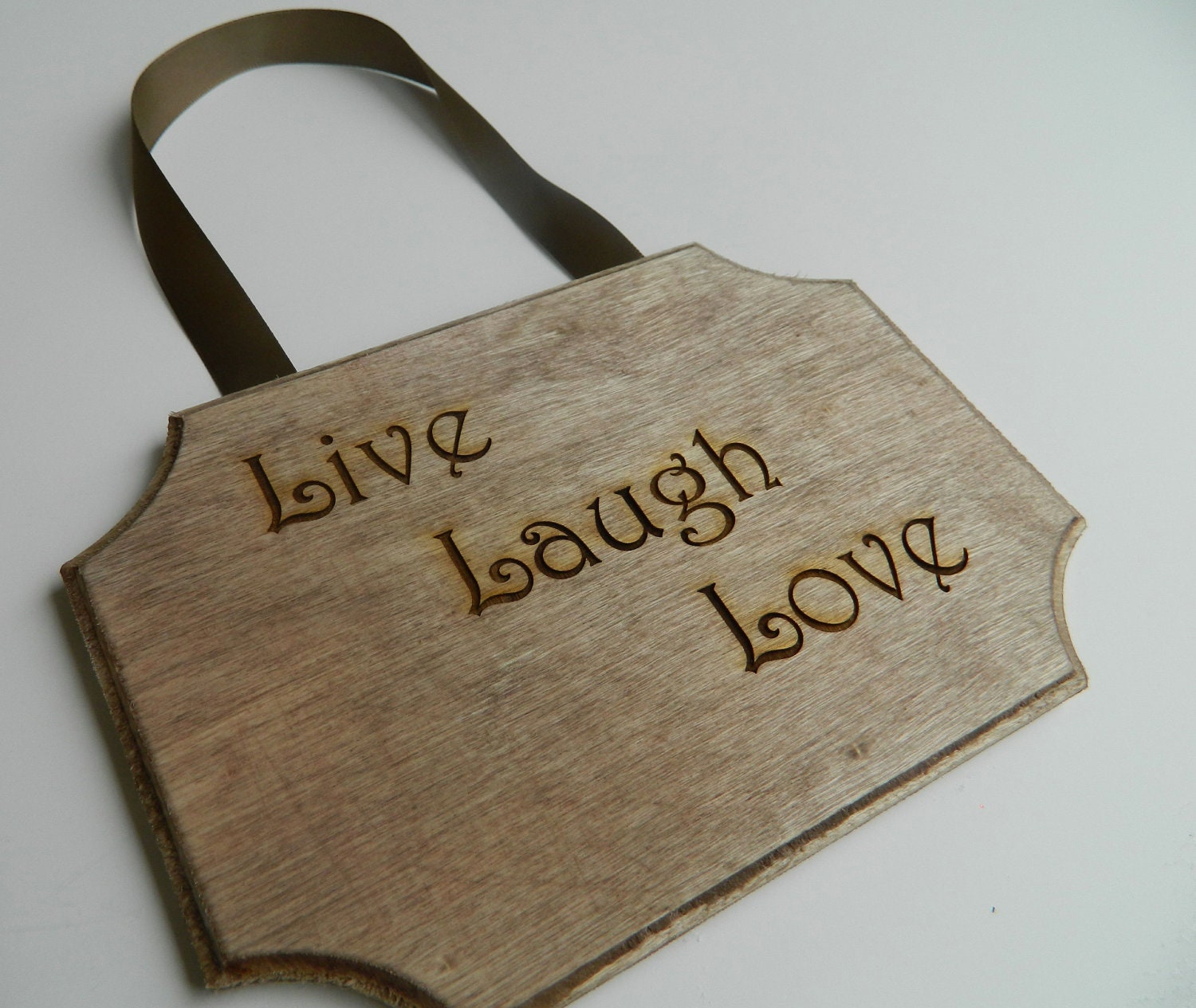Laser Engraved Live Laugh Love Wooden Wall Sign with Ribbon, Personalized, Housewarming, Home Decor, Cherry or Golden Pecan Stain