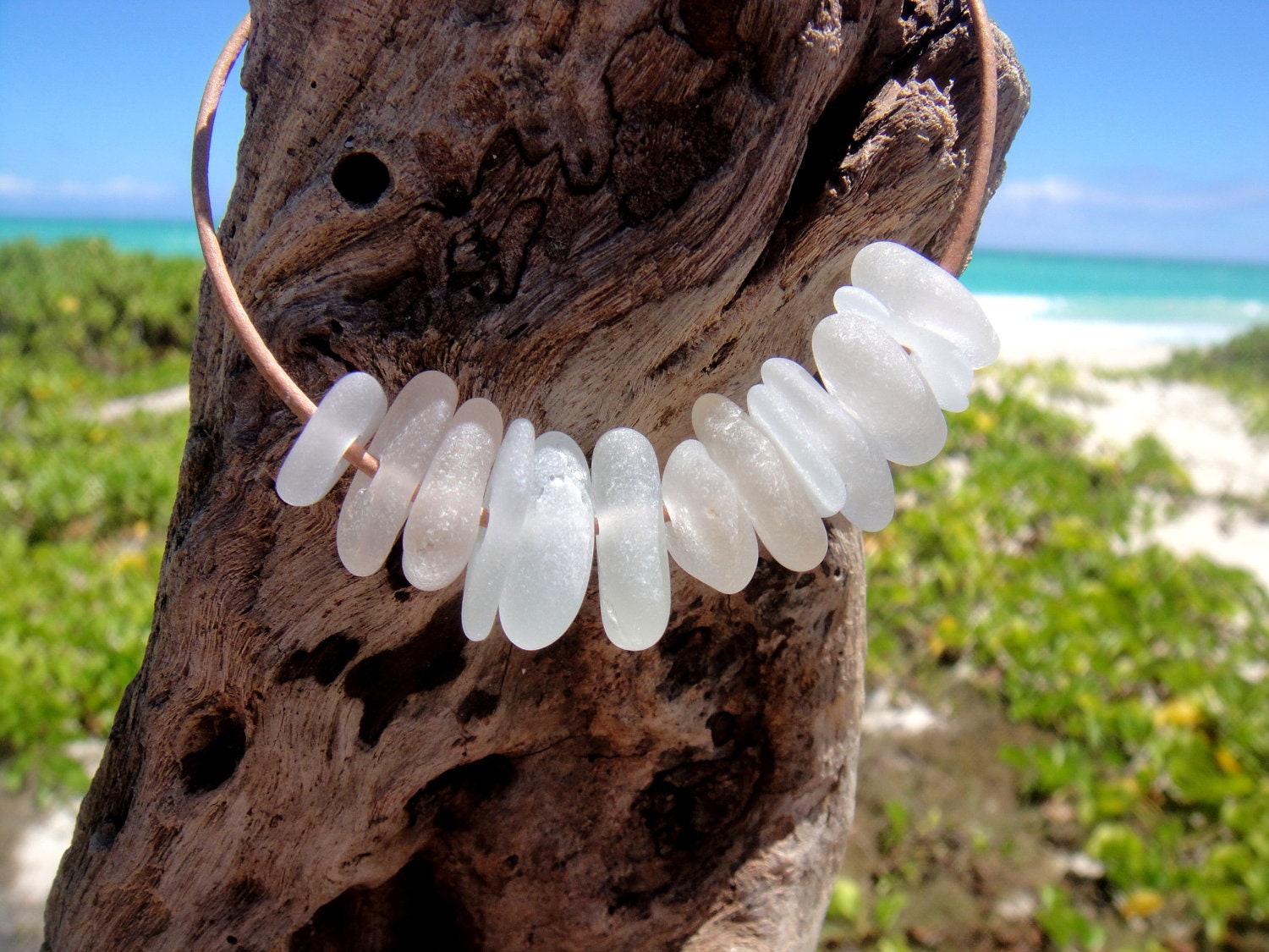 Hawaiian Gorgeous 13 Pieces of Clear Beach Glass on Genuine India Leather Cord Bracelet
