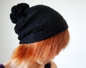 Hand Crocheted Hat in Black for Men and Women, Pom Pom hat, Slouchy Hat, Unique Flower Pom, Winter Accessories - lapuzelo