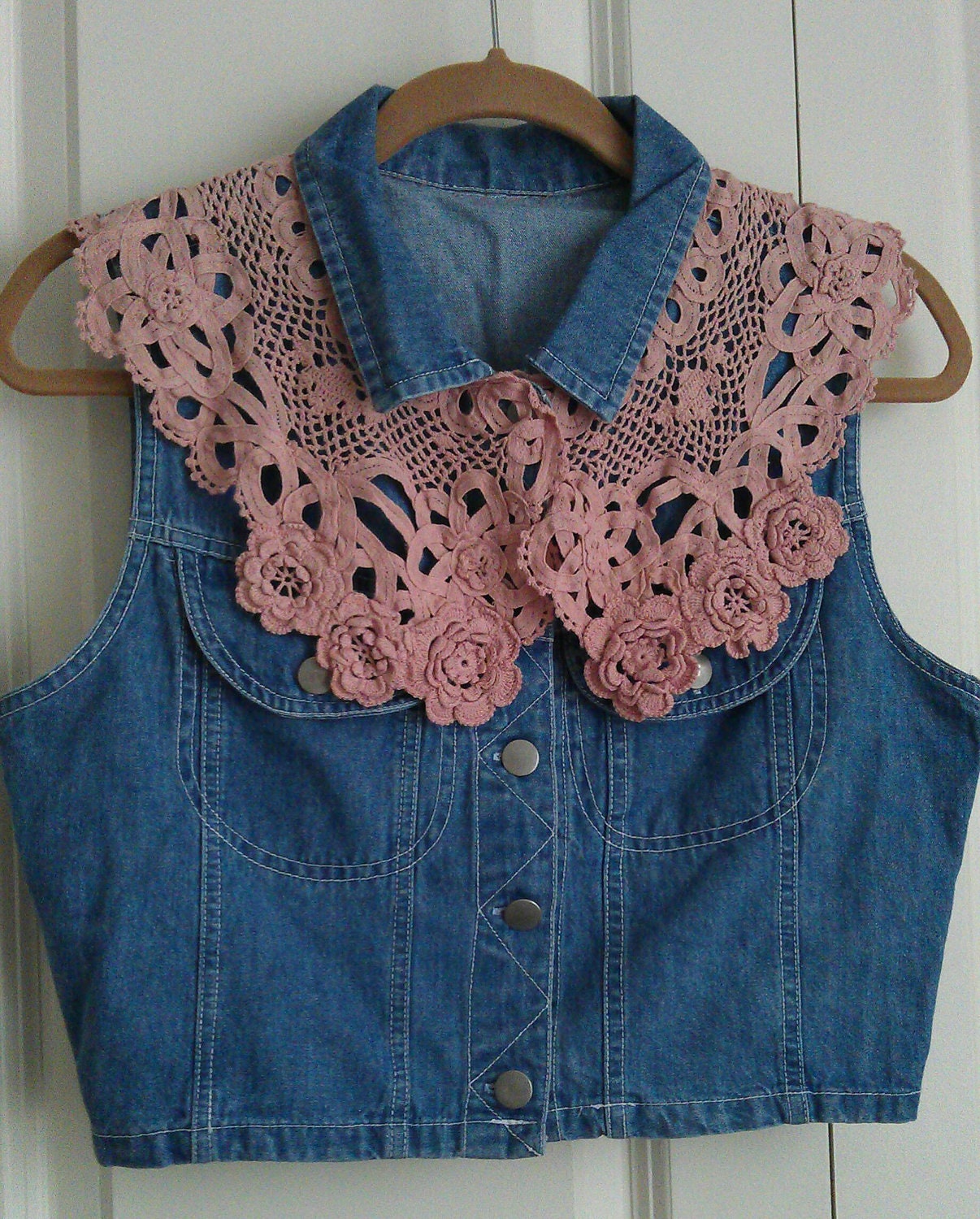 upcycled denim vest w/vintage rose lace collar