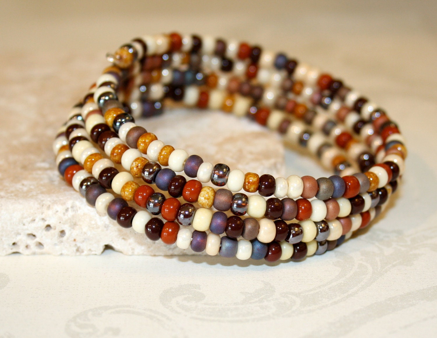 Autumn Jasper bracelet, Earth tone Czech Glass Memory Wire Bracelet, Fall accessory, Beaded Cuff - CharmingLifeJewelry