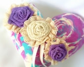 BoHo Bridal  Pillow, Vintage Ring Bearer, Wedding,  Shabby,  Cottage Chic, Purple, Raspberry, Plum,  Burlap Roses, Spring, Summer