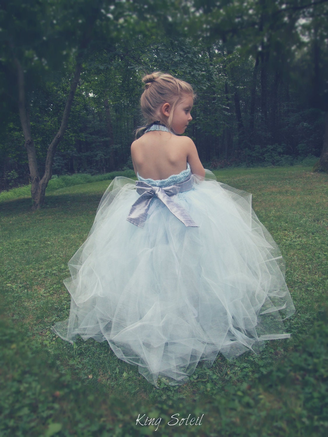 Flower Girl Tutu Crochet Bodice Silk Dupioni Sash Cinderella Baby Blue and Silver Extra Full Tulle Silk Sash Child Size 5 to 8