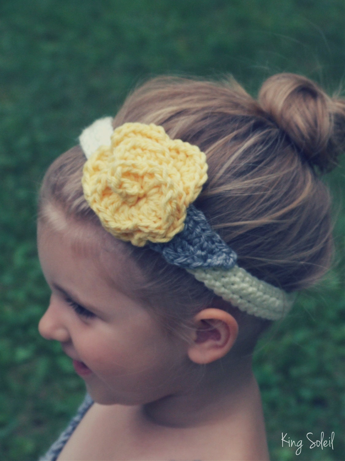 Crochet Headband with Crochet Rose Yellow Grey and Ivory Size Infant Toddler Child Custom Colors