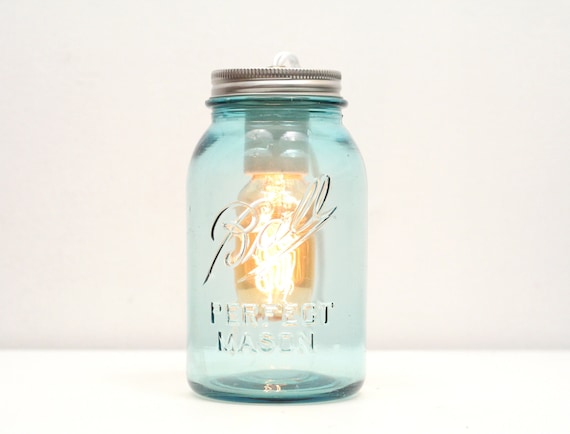 Mason Jar Lamp, Blue Glass- Rustic Lighting, Mason Jar Lighting,Table Lamp, Antique Blue Mason Jar, Edison Bulb