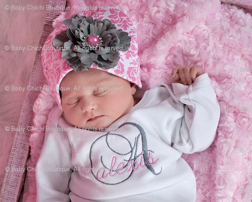 Baby Girl Infant Gown or Onesie with Pink Damask Flower Beanie Hat - Gray and Pink Monogram - Newborn thru 12 months