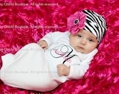 Baby Girl Gown or Onesie and Zebra Hat with Rhinestone Flower - Custom Monogrammed -Newborn thru 12 months