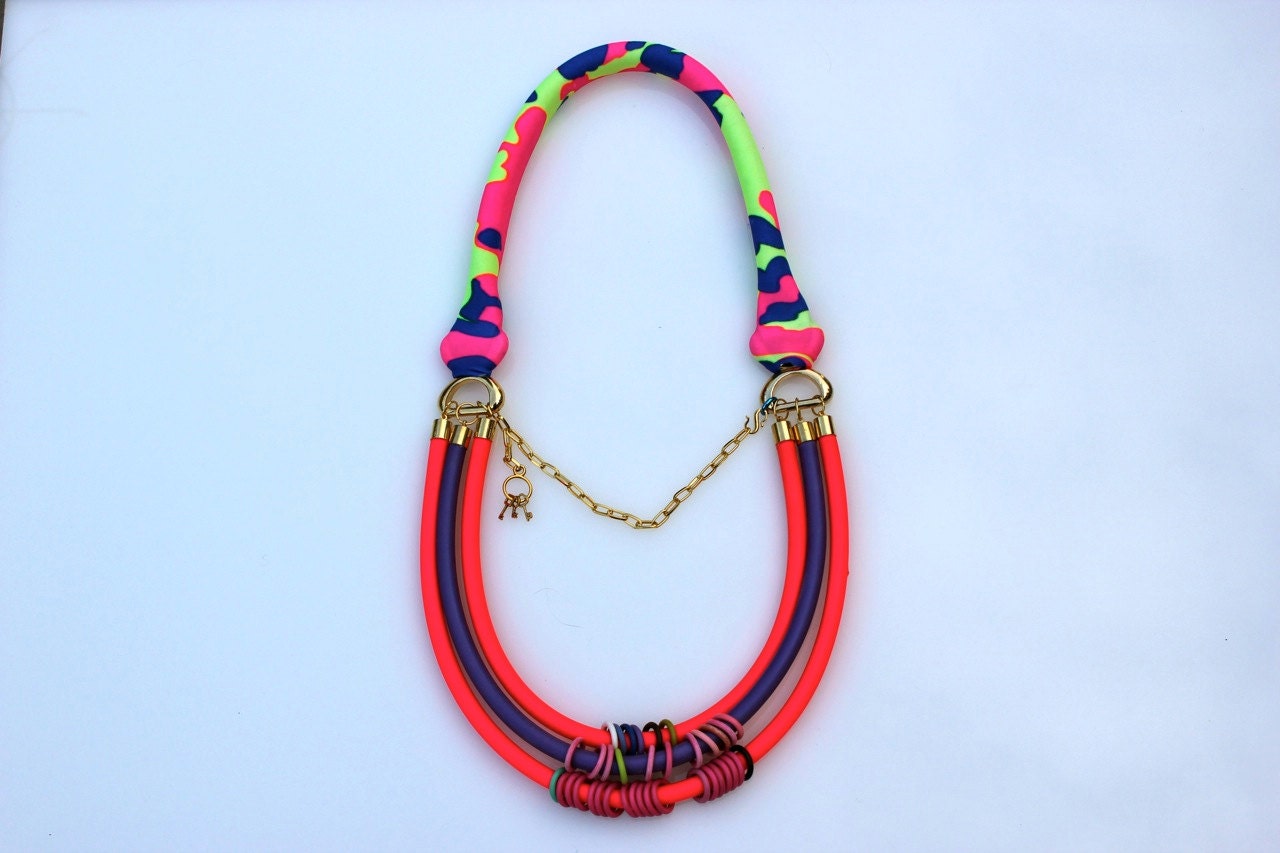 Neon Camo Reversible Statement Necklace, Aztec Breastplate with Hot Pink Rubber Tubing and Gold Charm Chain