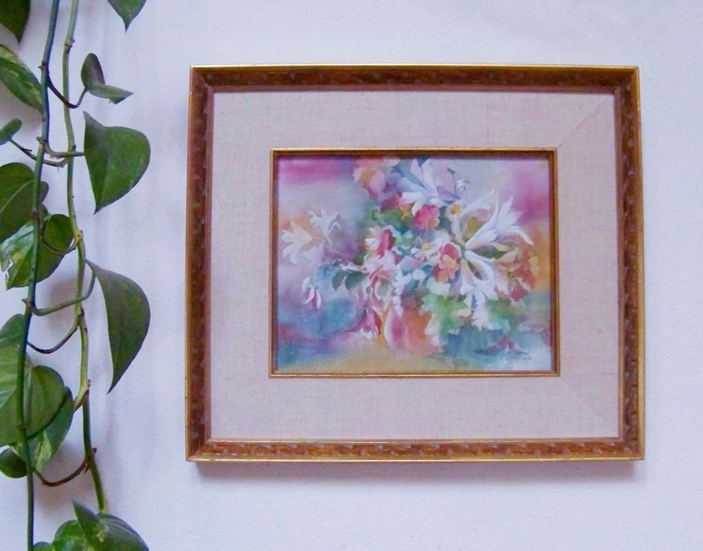 Lavender Pink Rust Gold Watercolor of Garden Flowers Smaii AP Print