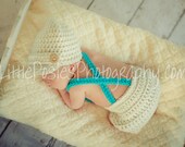 Crochet Newborn Baby Boy Photo Prop Set Cream Diaper Cover Newsboy Hat Turquoise Suspenders Bowtie
