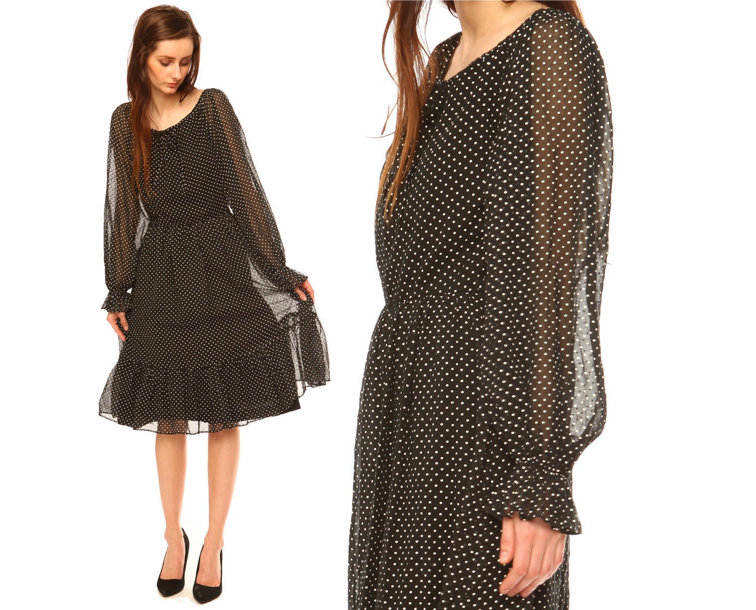 polka dot dress // vintage 70s // sheer black white illusion // party cocktail // boho flowy // xsmall small